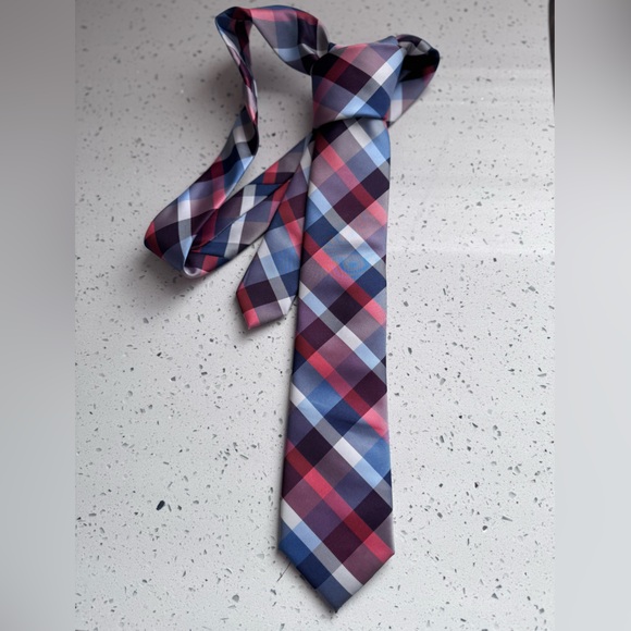 Express Men’s Plaid Necktie | Navy, Royal Blue, Red & White Geometric - Picture 7 of 9